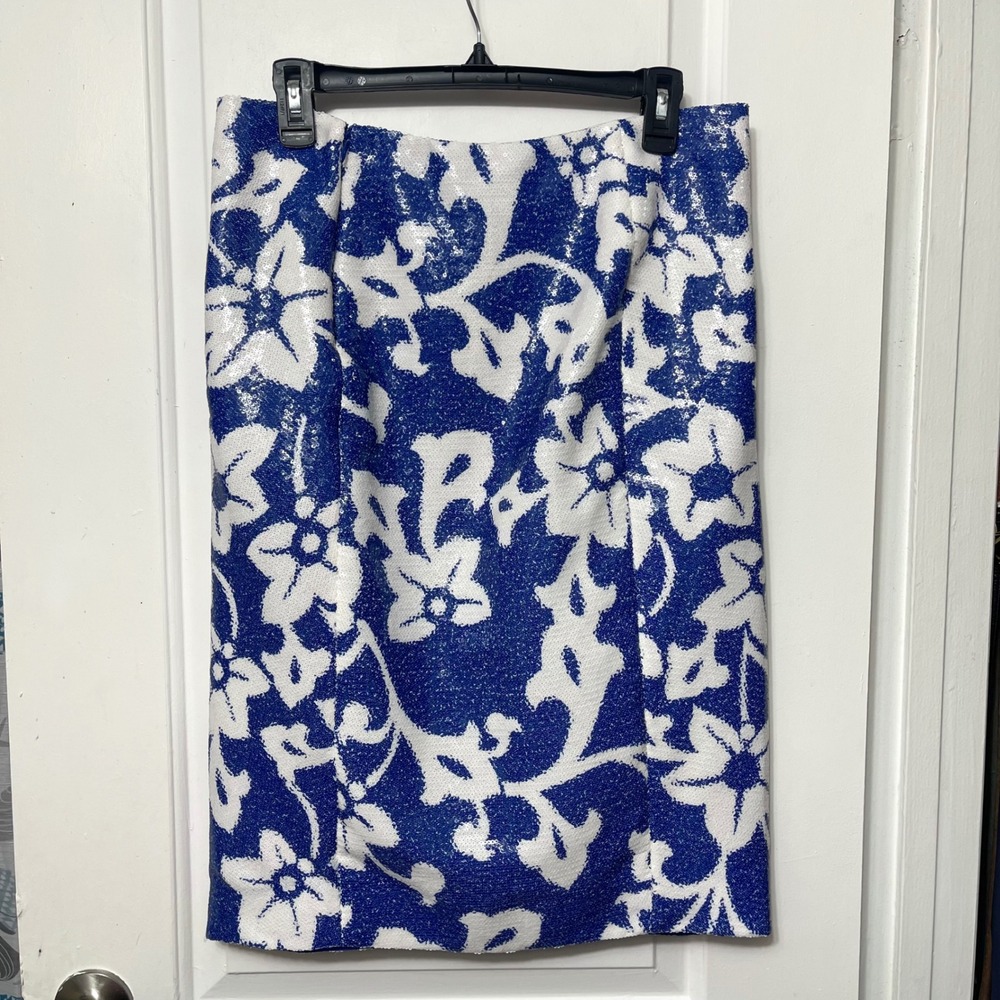 Diane Von Furstenberg Floral Sequin Drape Skirt In White & Blue Size 10 - Picture 7 of 14